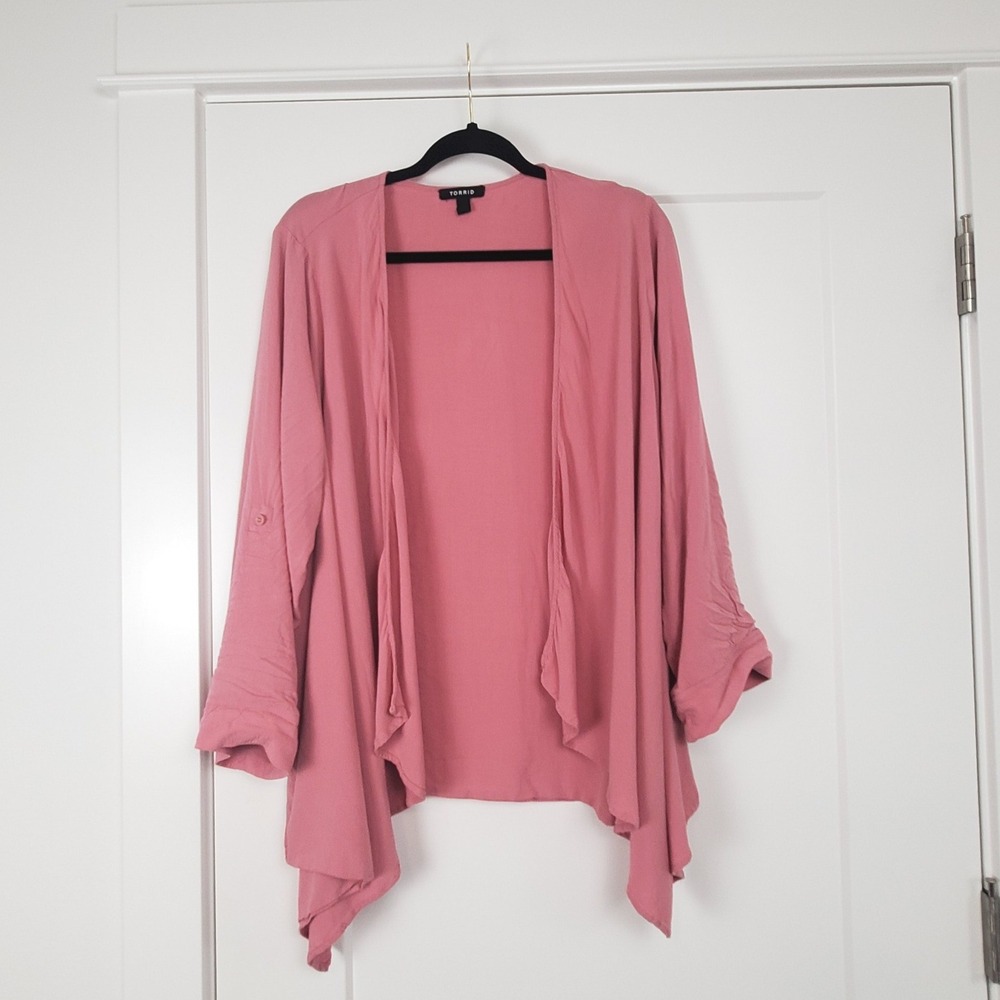 Torrid Cardigan Womens 1 Pink Roll Tab Sleeve Open Front Waterfall Hem Layering